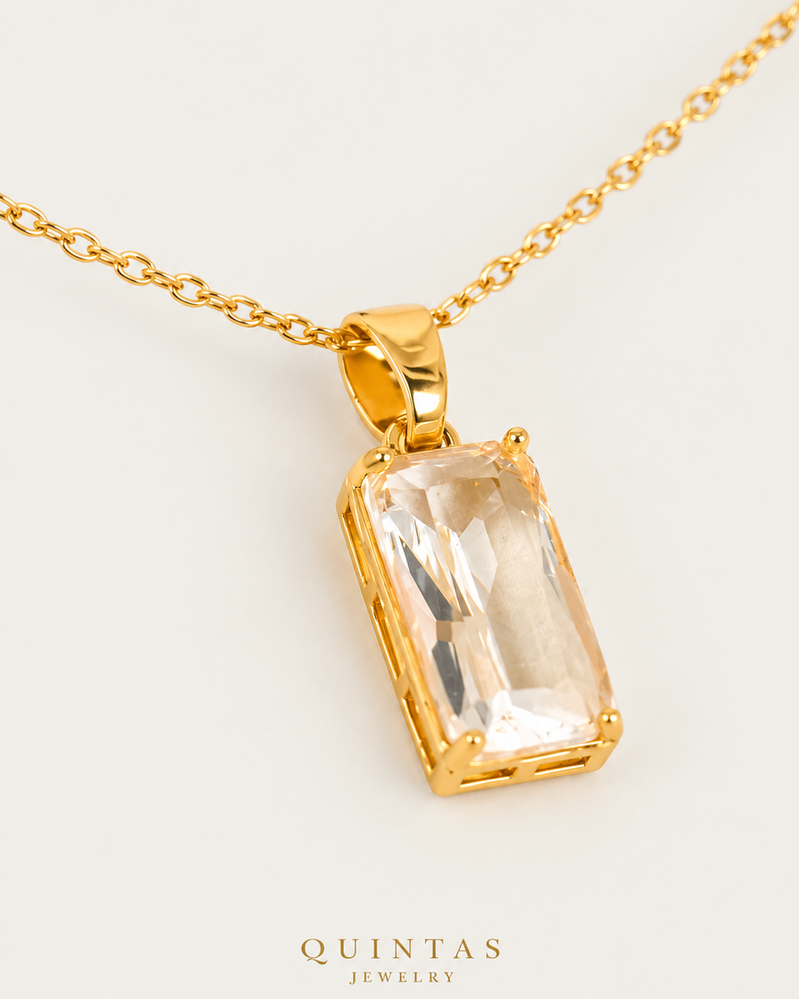 Classic Gemstone Necklace – Oblique, Crystal gold cable chain, neutral greige