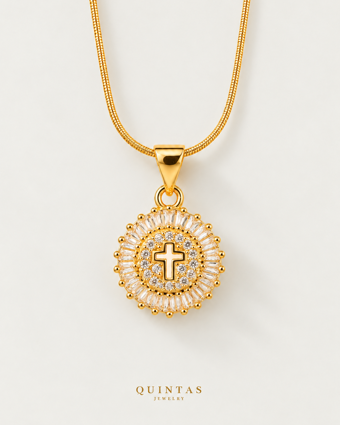 Cross Diamond Halo Necklace, snake, neutral greige background