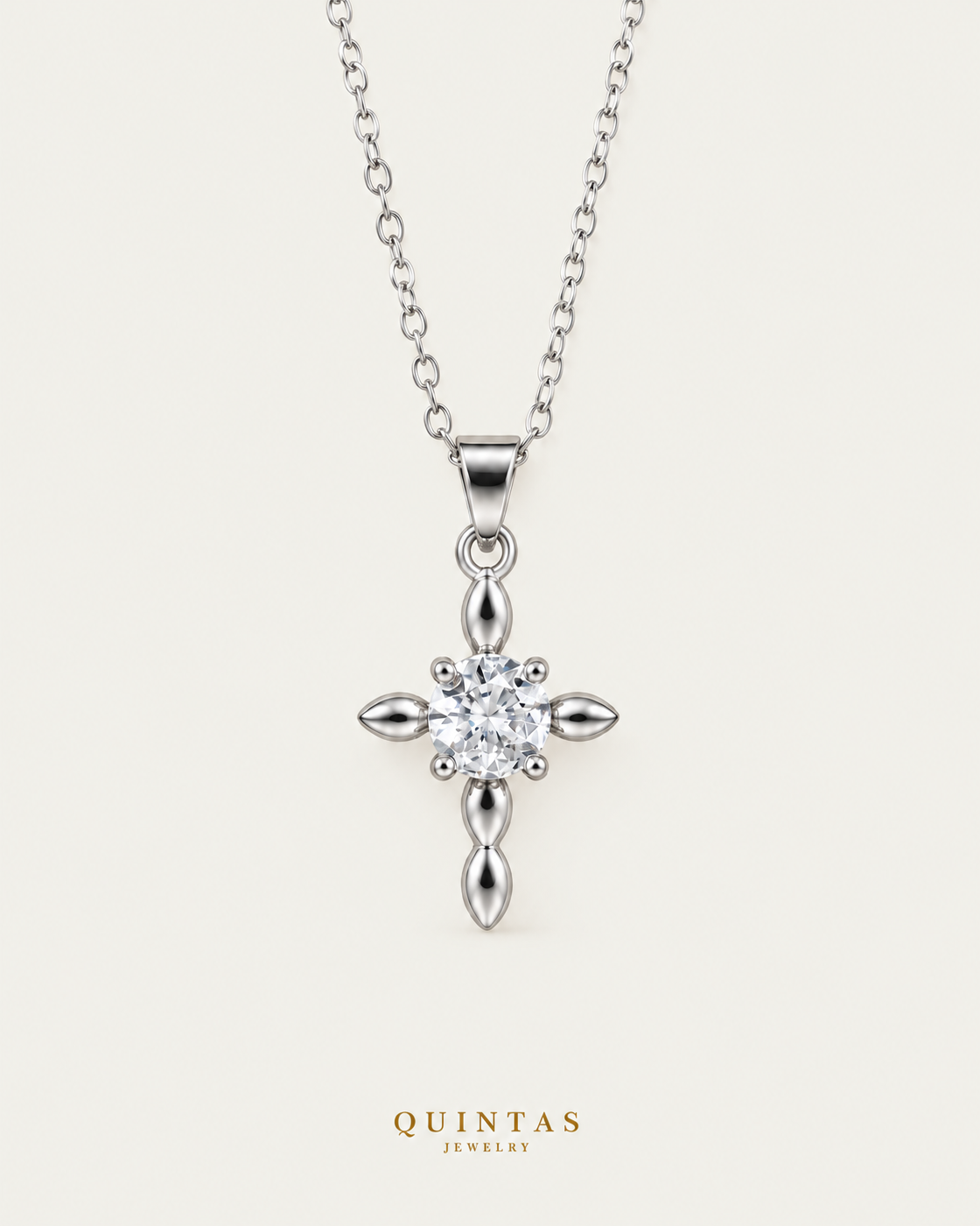 Dainty Cross Diamond Silver Necklace — neutral greige
