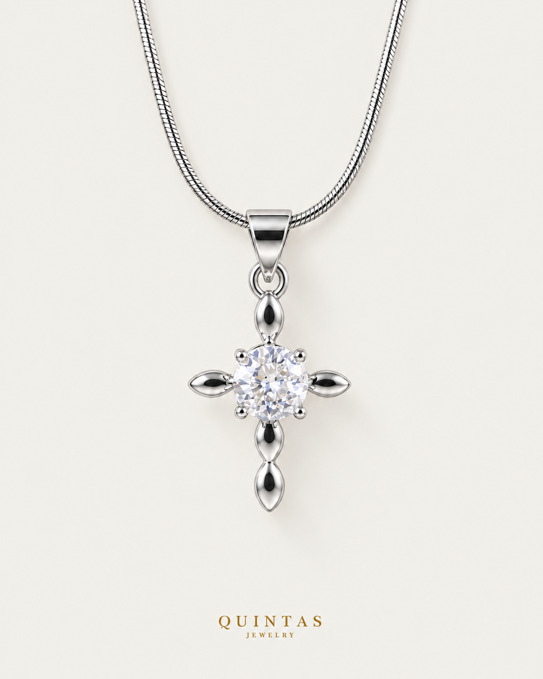 Dainty Cross Diamond Silver Necklace — neutral greige