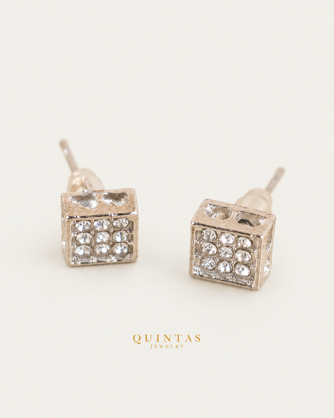 Diamond Square Silver Stud Earrings, alternate physical-source detail angle, neutral greige