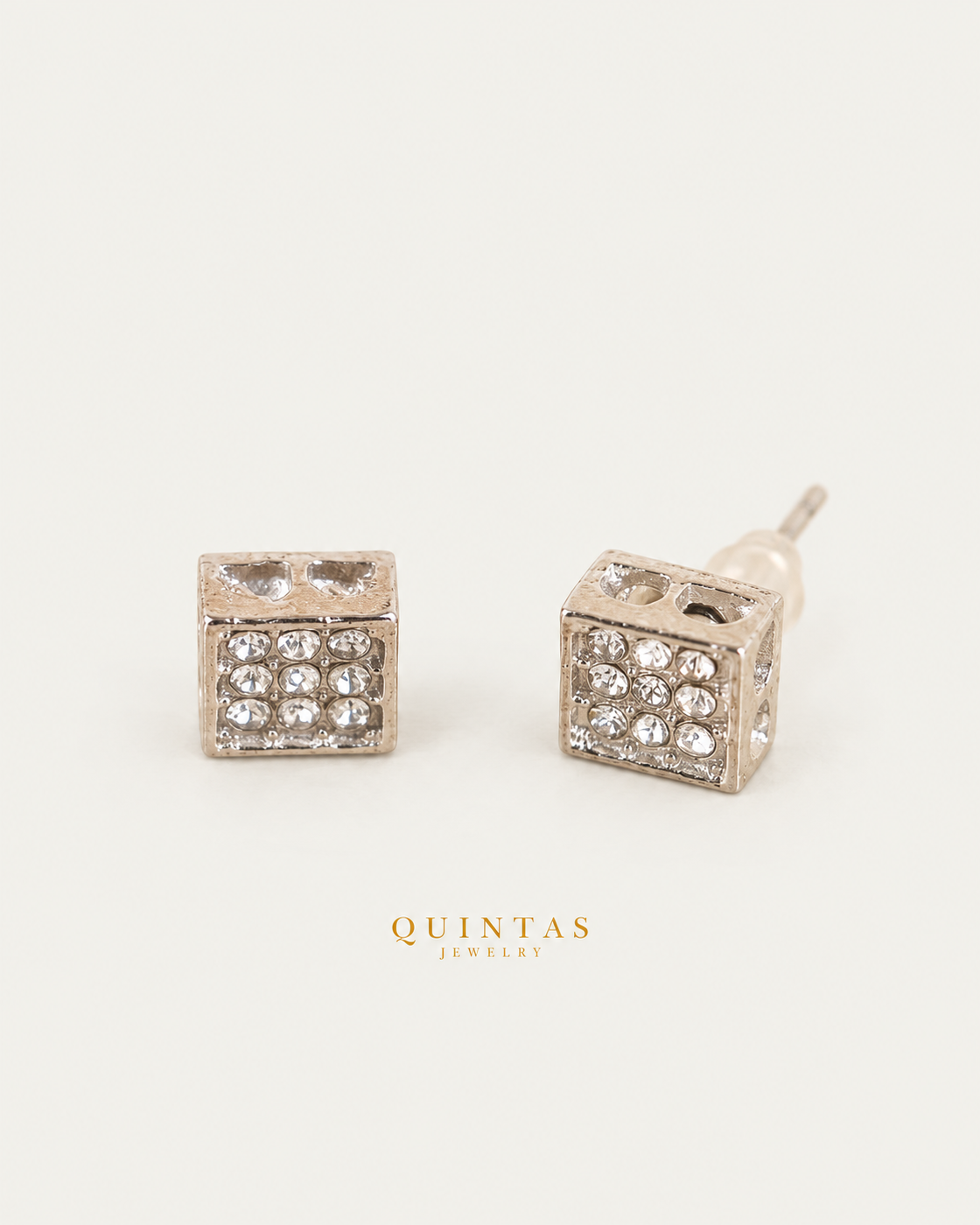 Diamond Square Silver Stud Earrings, full physical-source view, neutral greige
