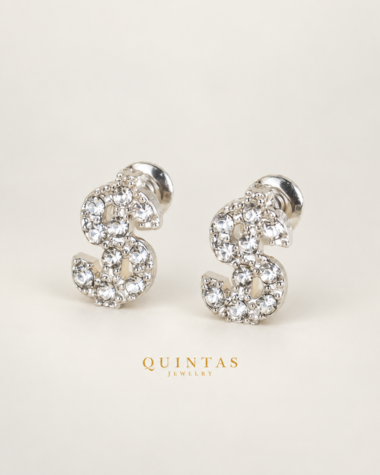Dollar Sign silver stud earrings — hero, neutral greige