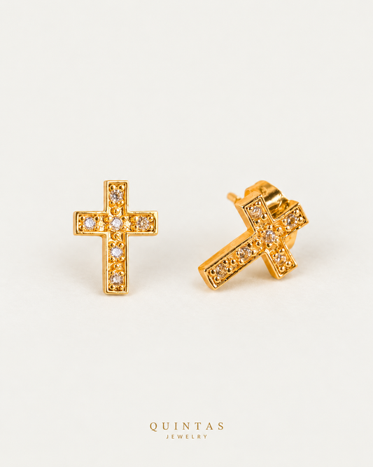 Elegant Cross Charm Stud Earrings, full physical-source view, neutral greige