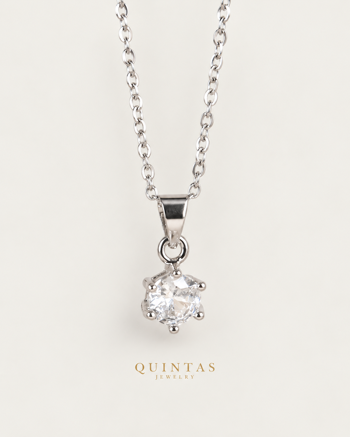 Eloise Diamond Silver Necklace, full physical-source view, neutral greige
