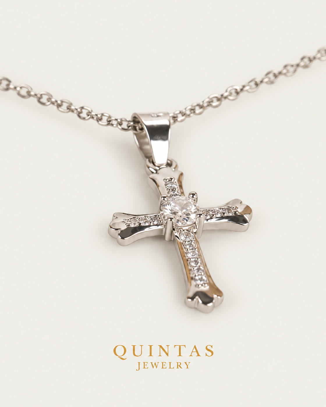 Faith Cross Diamond Silver Necklace, alternate physical-source detail angle, neutral greige