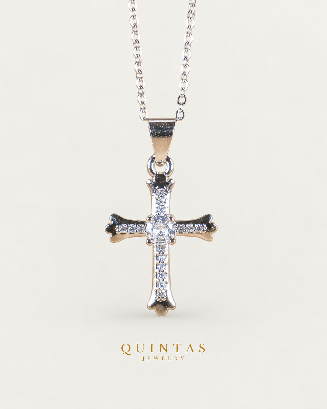 Faith Cross Diamond Silver Necklace, full physical-source view, neutral greige