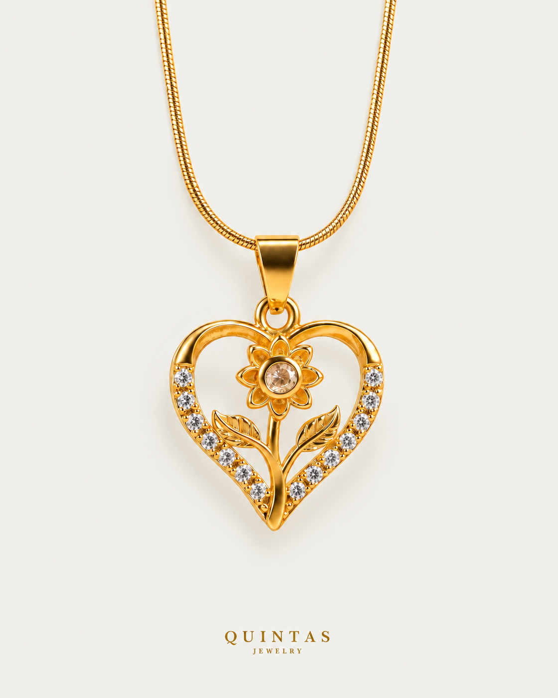 Flower Heart Charm Necklace — neutral greige