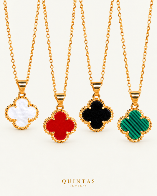 Four Leaf Clover Necklace — White, Red, Black and Green on off-white background