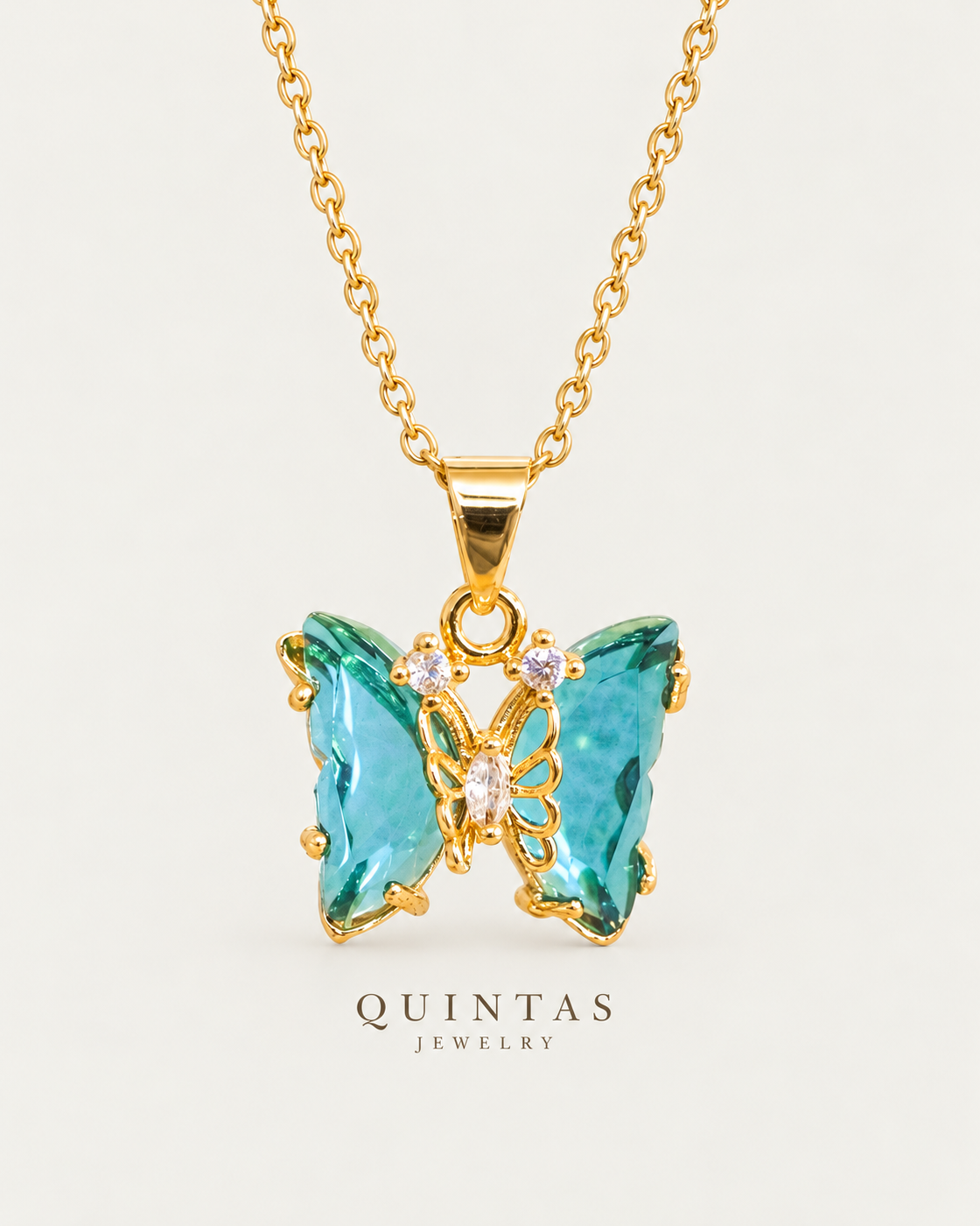 Gemstone Butterfly Necklace — Green / actual cable-chain front view, neutral greige