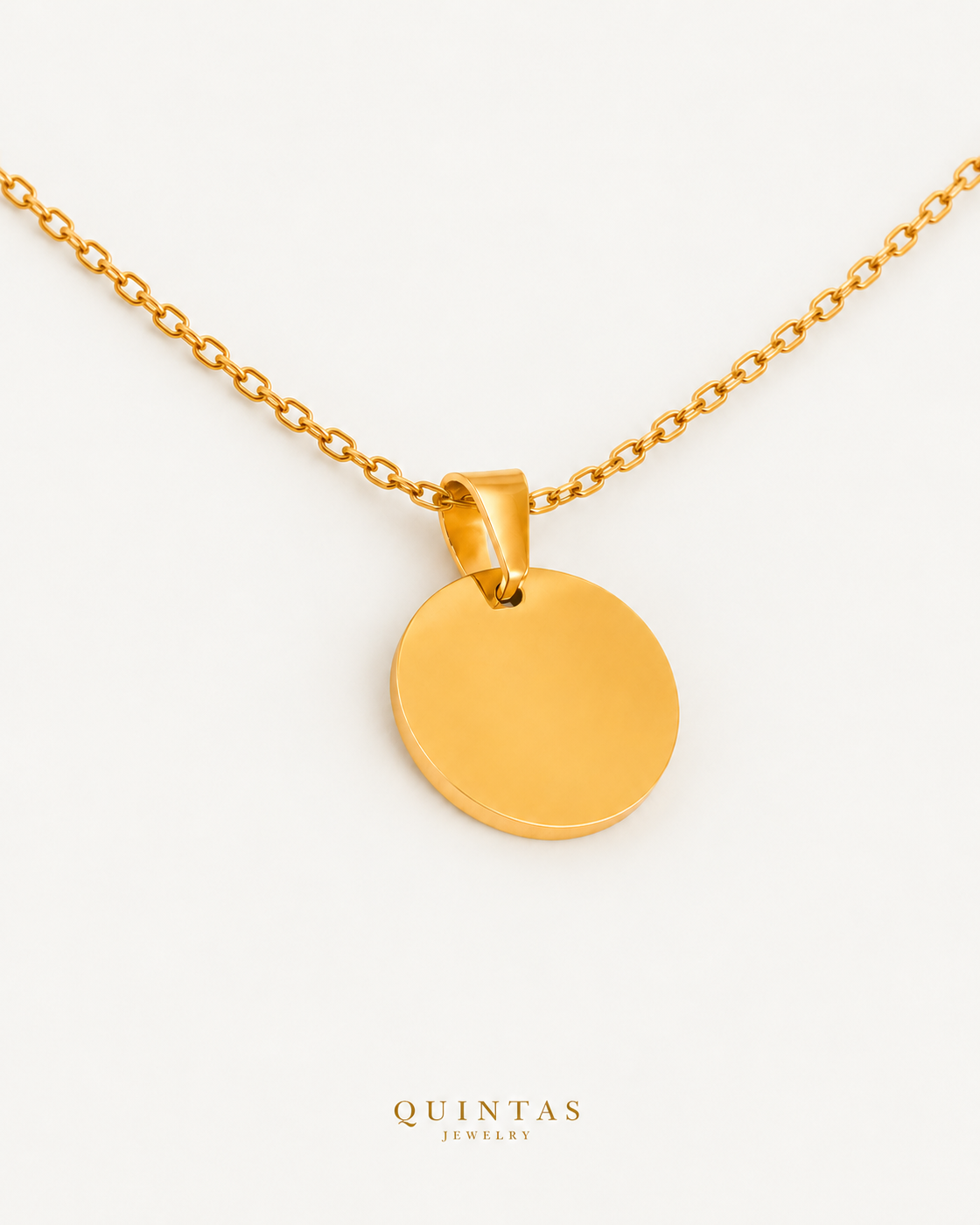 Gold Disc necklace, actual cable oblique view, canonical brand mark