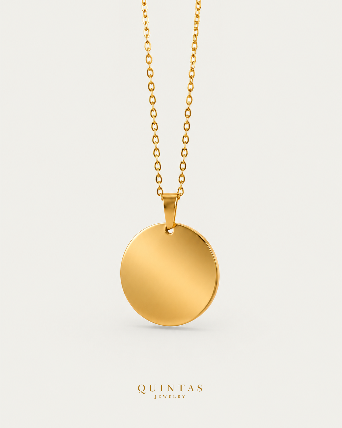 Gold Disc necklace, actual cable front view, canonical brand mark