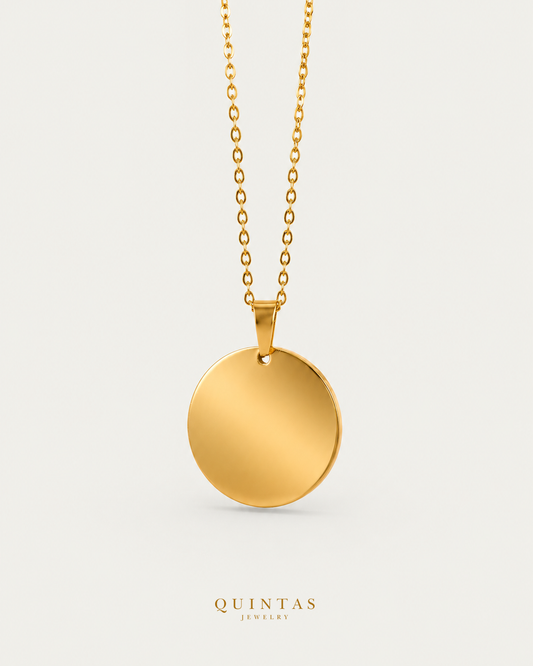 Gold Disc necklace, actual cable front view, canonical brand mark