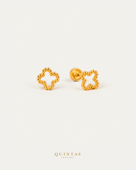 Golden Clover Stud Earrings, pixel-preserved smaller framing and canonical logo