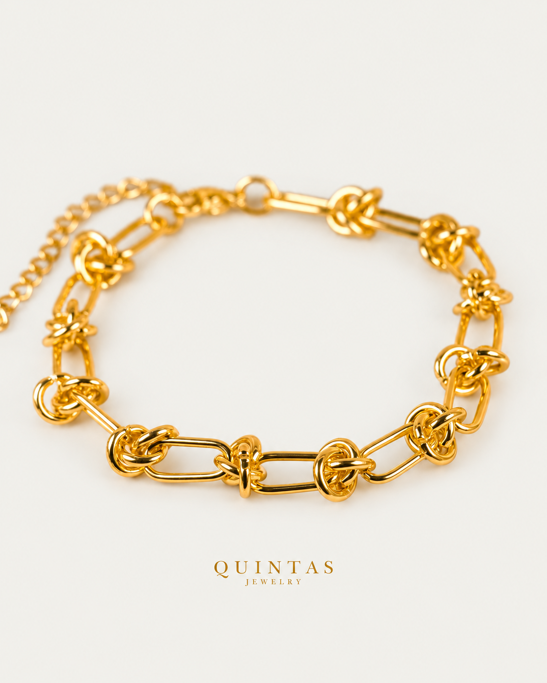 Golden Knot Link Bracelet, full physical-source view, neutral greige