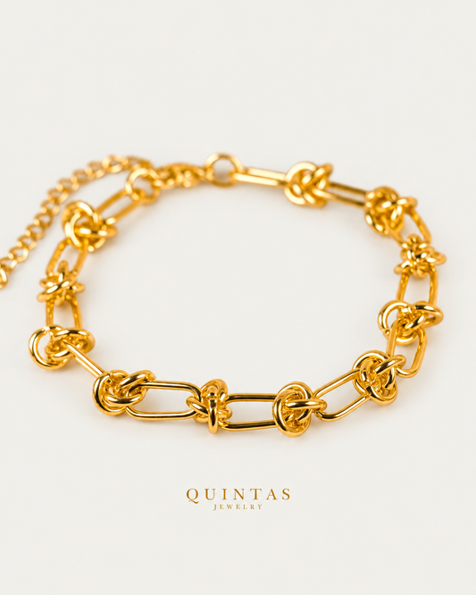 Golden Knot Link Bracelet, full physical-source view, neutral greige