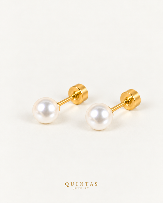 Grace Pearl Stud Earrings, 8mm pair, visible posts and flat backs, off-white angle view