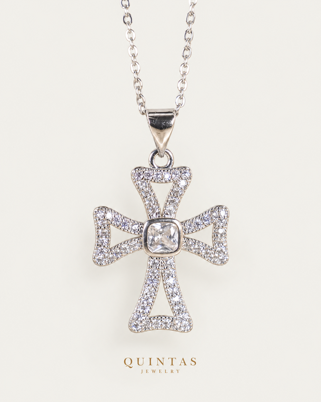 Harmony Diamond Cross Silver Necklace, full physical-source view, neutral greige