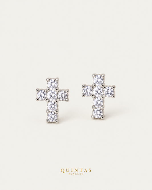 Iced Cross Silver Stud Earrings — neutral greige