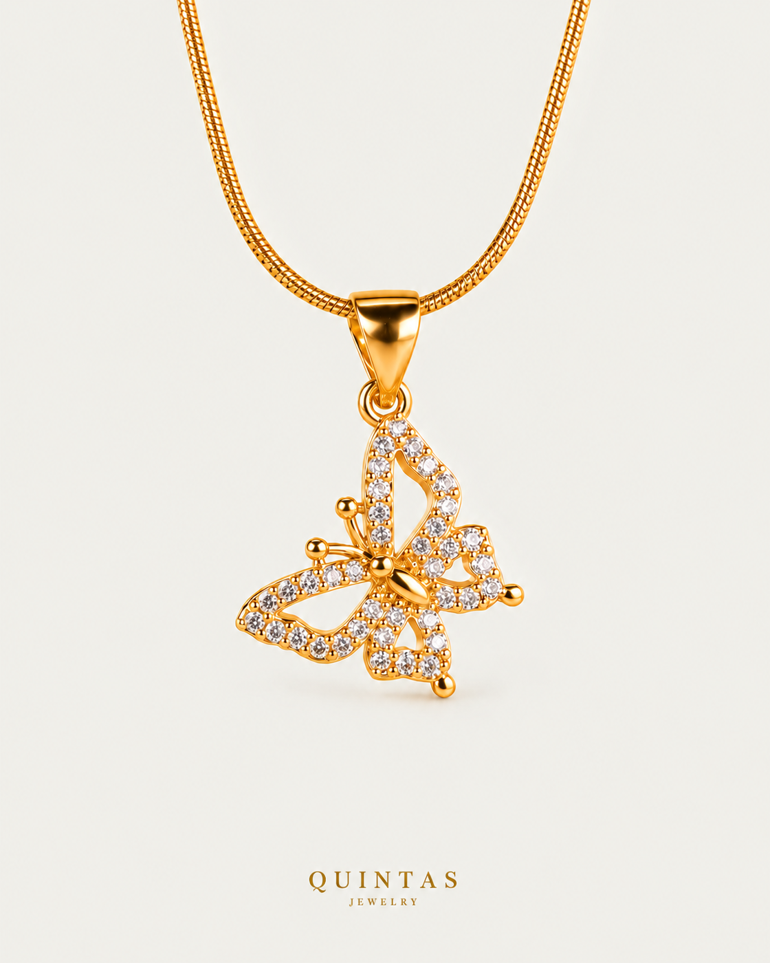 Iris Butterfly Necklace — premium snake chain, neutral greige