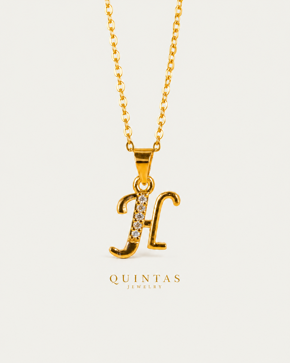 QUINTAS Letter Initial Necklace — H / actual cable-chain front view, neutral greige