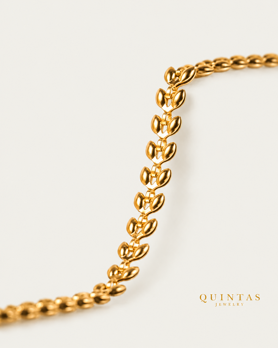 Liona Leaf Chain Bracelet companion on neutral greige