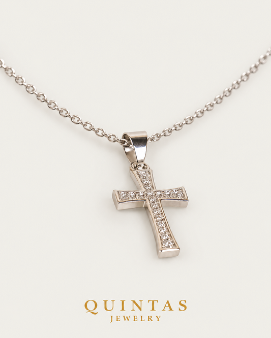 Lucent Cross Silver Necklace, alternate physical-source detail angle, neutral greige