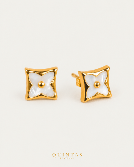 Marielle Clover Stud Earrings, full physical-source view, neutral greige