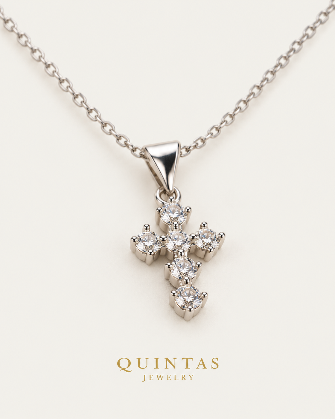 Mini Iced Cross Silver Necklace, alternate physical-source detail angle, neutral greige