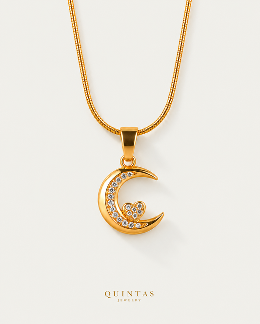 Moon And Heart Necklace, snake chain, frontal hero, neutral greige and canonical gold logo