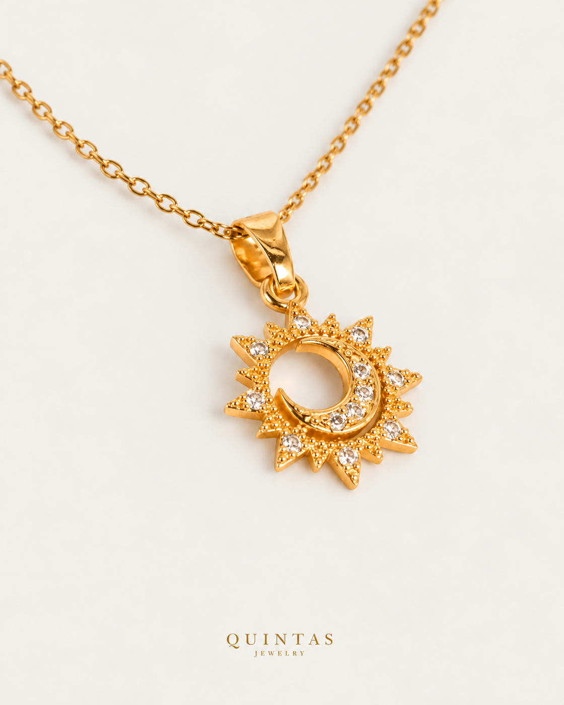 The Moon Eclipse Necklace, cable chain oblique companion, canonical Quintas Jewelry logo