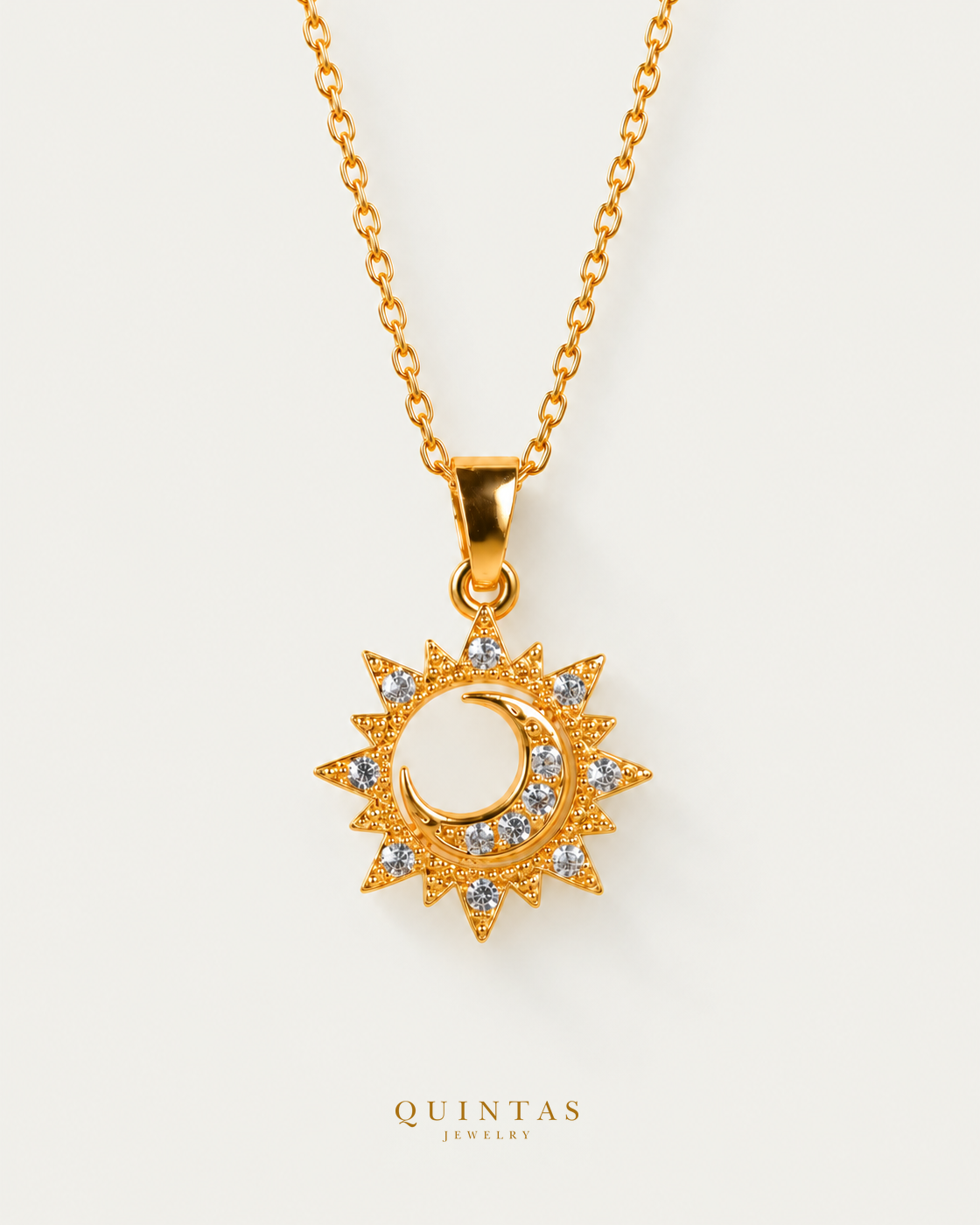 The Moon Eclipse Necklace, cable chain hero, canonical Quintas Jewelry logo