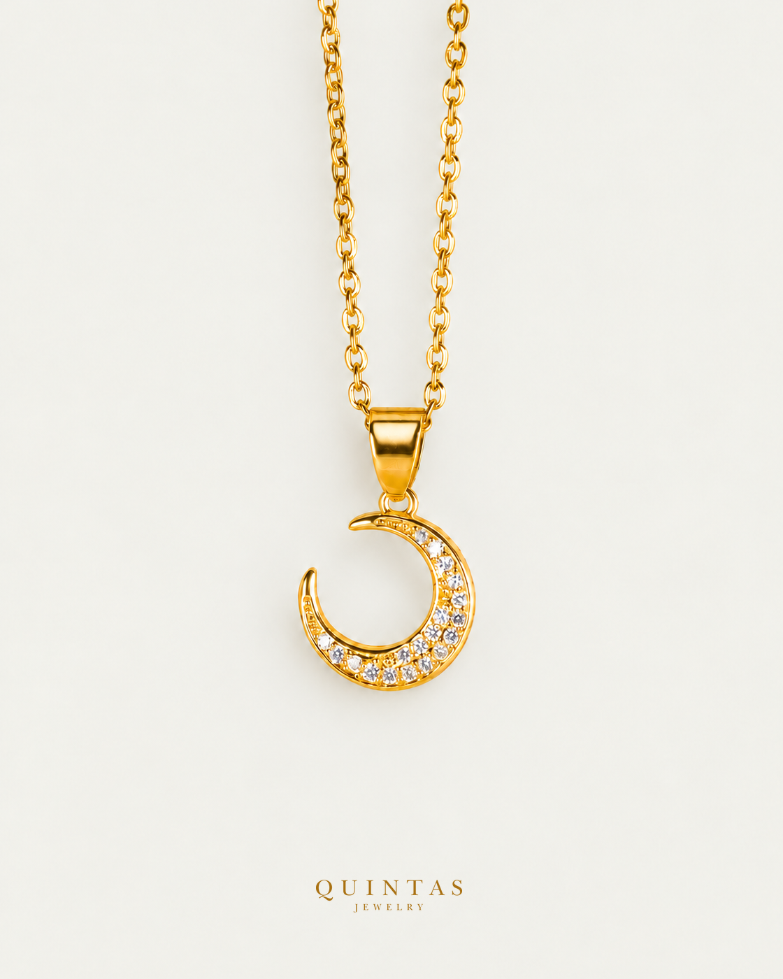 Moondust necklace on gold cable chain, front view with polished gold reflections