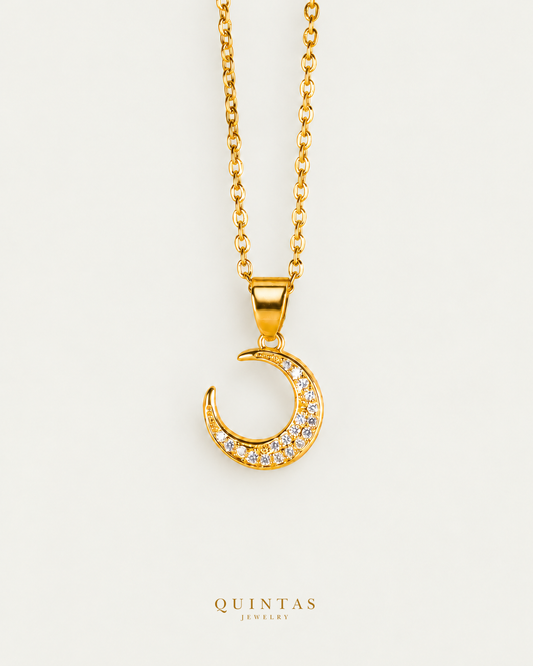 Moondust necklace on gold cable chain, front view with polished gold reflections
