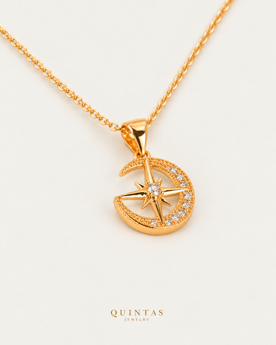 Moonlight Star Necklace, cable chain oblique companion, canonical Quintas Jewelry logo