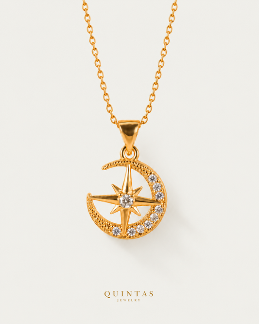 Moonlight Star Necklace, cable chain hero, canonical Quintas Jewelry logo