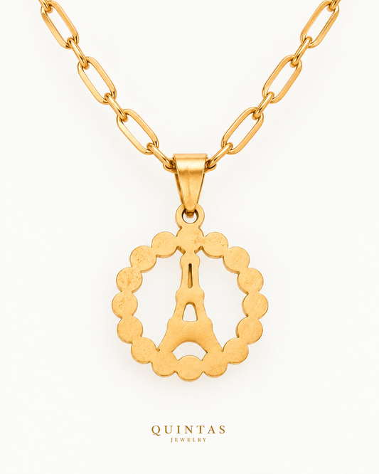 Parisian Daydream Paperclip Necklace — source-verified Eiffel cutout charm and paperclip chain, off-white MAIN hero