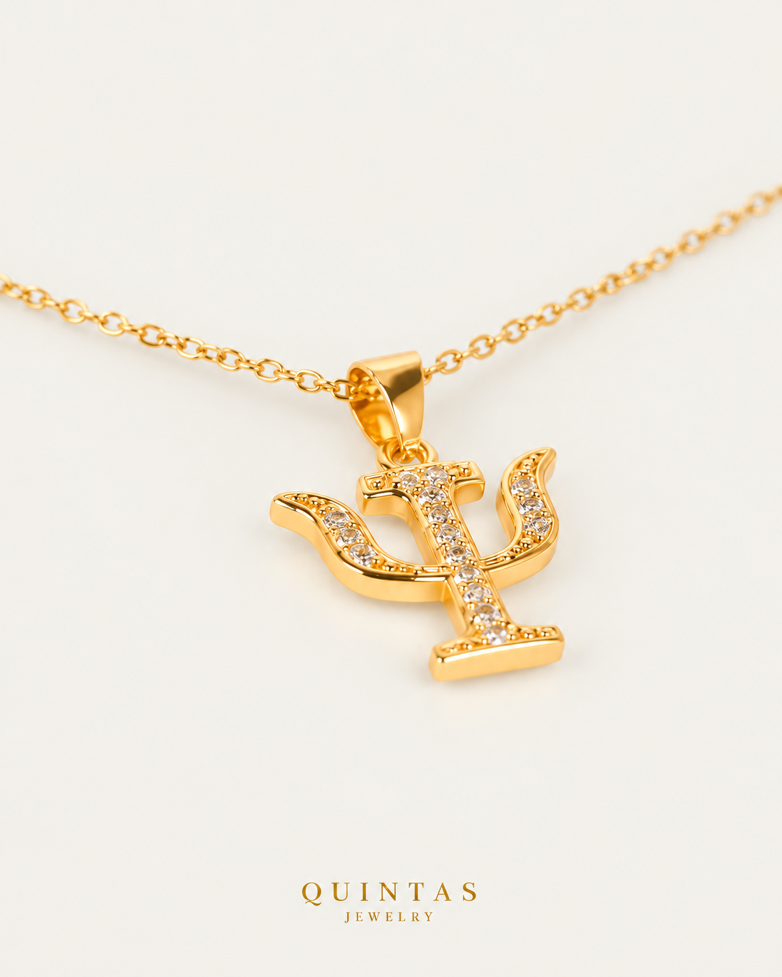 Psychology Psi Necklace gold cable chain companion on neutral greige