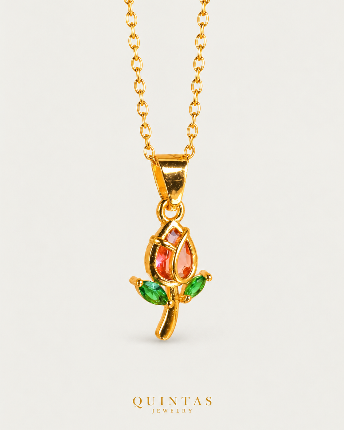 Red Tulip Necklace – Hero, Gold with original accents gold cable chain, neutral greige