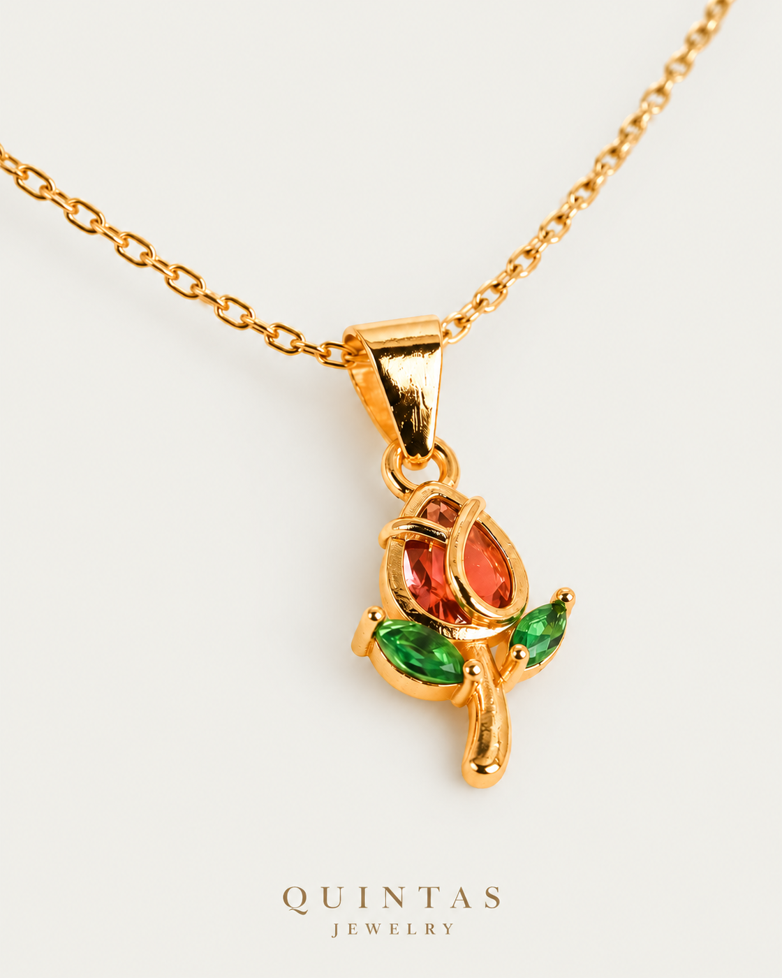 Red Tulip Necklace – Oblique, Gold with original accents gold cable chain, neutral greige
