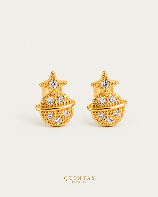 Saturn and Star Stud Earrings — hero, neutral greige