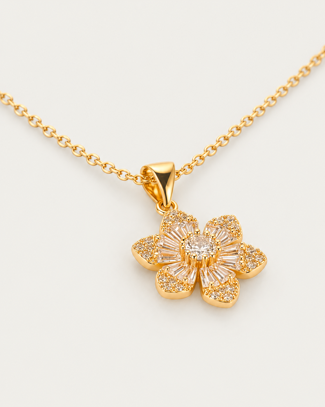 Solara necklace — actual cable-chain oblique view, neutral greige