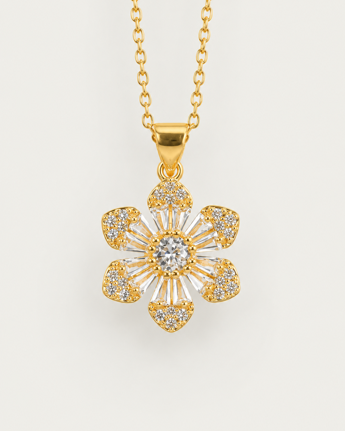 Solara necklace — actual cable-chain front view, neutral greige
