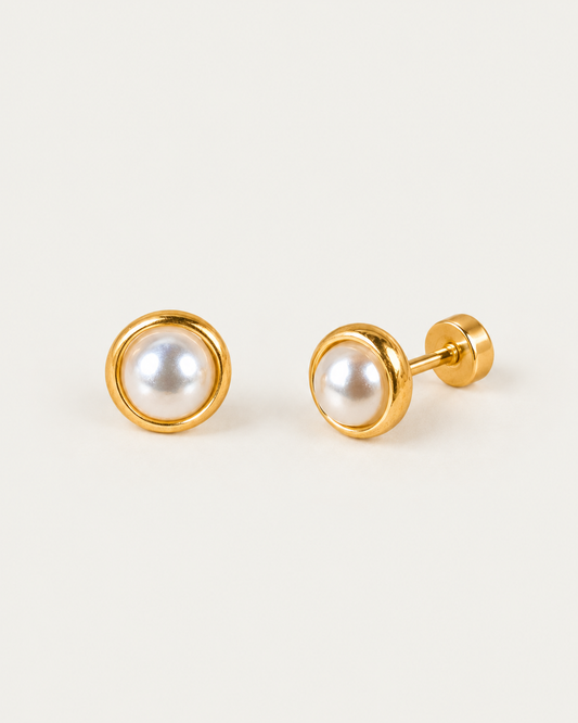 Solenne Halo Pearl stud earrings, front and attached-disc profile