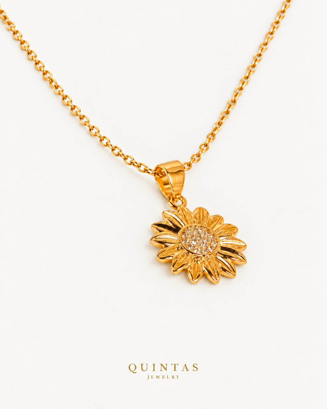Sunflower necklace on gold cable chain, genuine oblique physical-source view