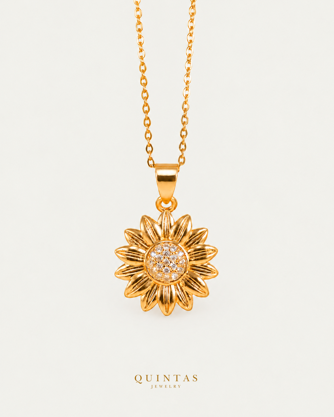 Sunflower Sunshine Necklace, gold cable chain with polished reflections and authentic design