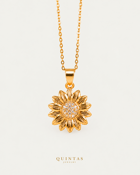 Sunflower Sunshine Necklace, gold cable chain with polished reflections and authentic design