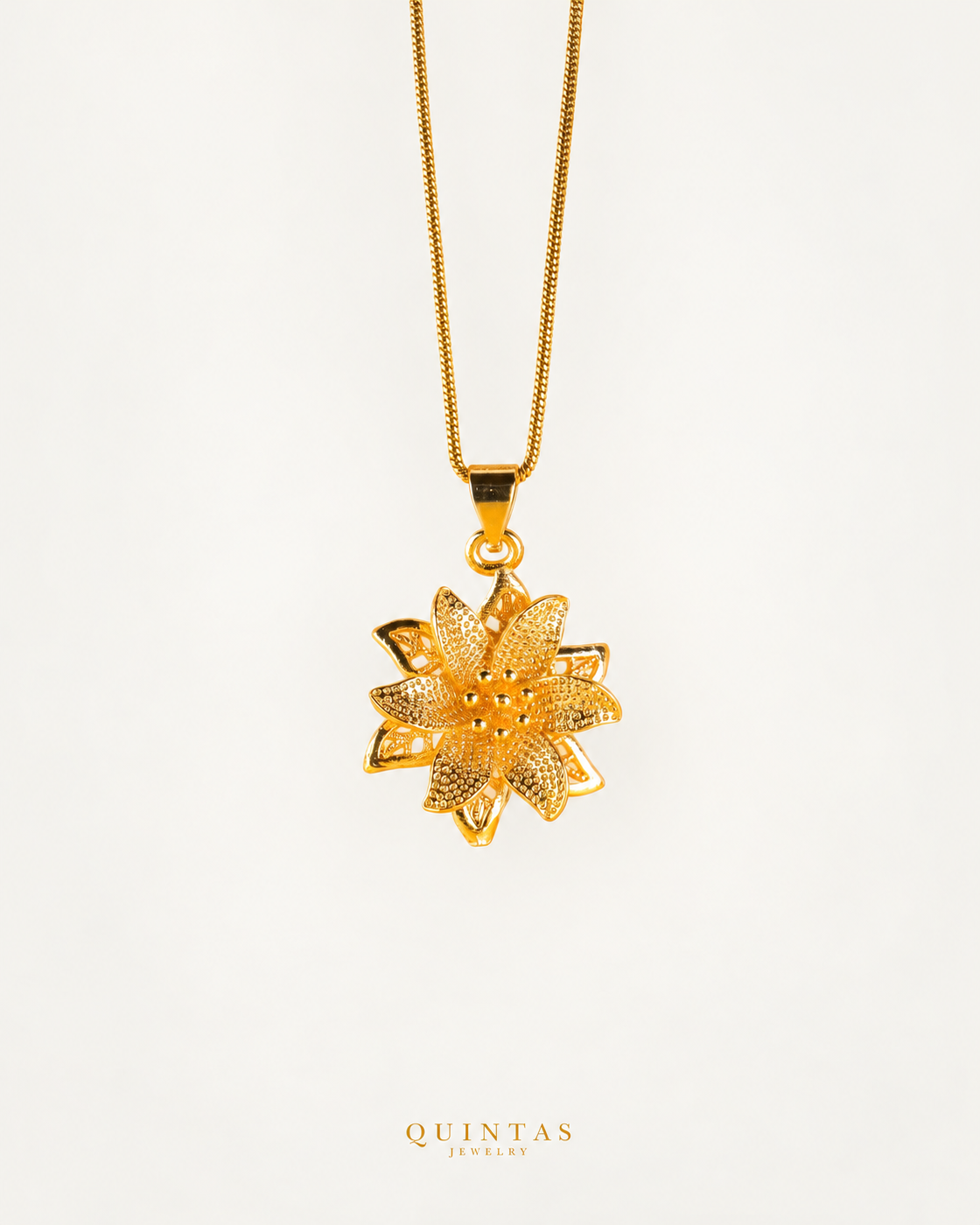 The Flower Necklace — actual premium Snake chain, source-faithful off-white companion photo
