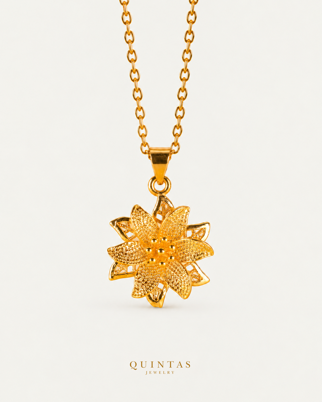 The Flower Necklace, cable chain, frontal hero, neutral greige and canonical gold logo
