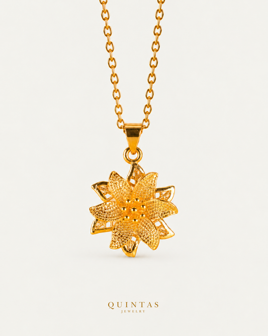 The Flower Necklace, cable chain, frontal hero, neutral greige and canonical gold logo